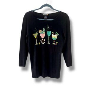 Vintage Sweaterworks Black Ribbed Sequin Cocktail Drinks Top Women's Size Large